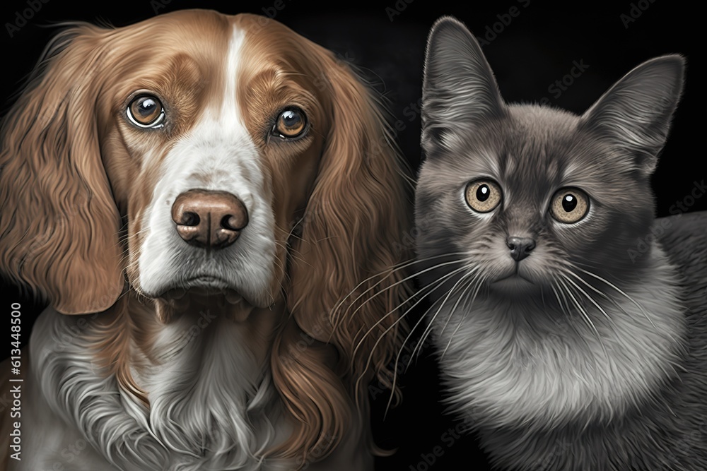 Dog and cat together, hyperrealism, photorealism, photorealistic