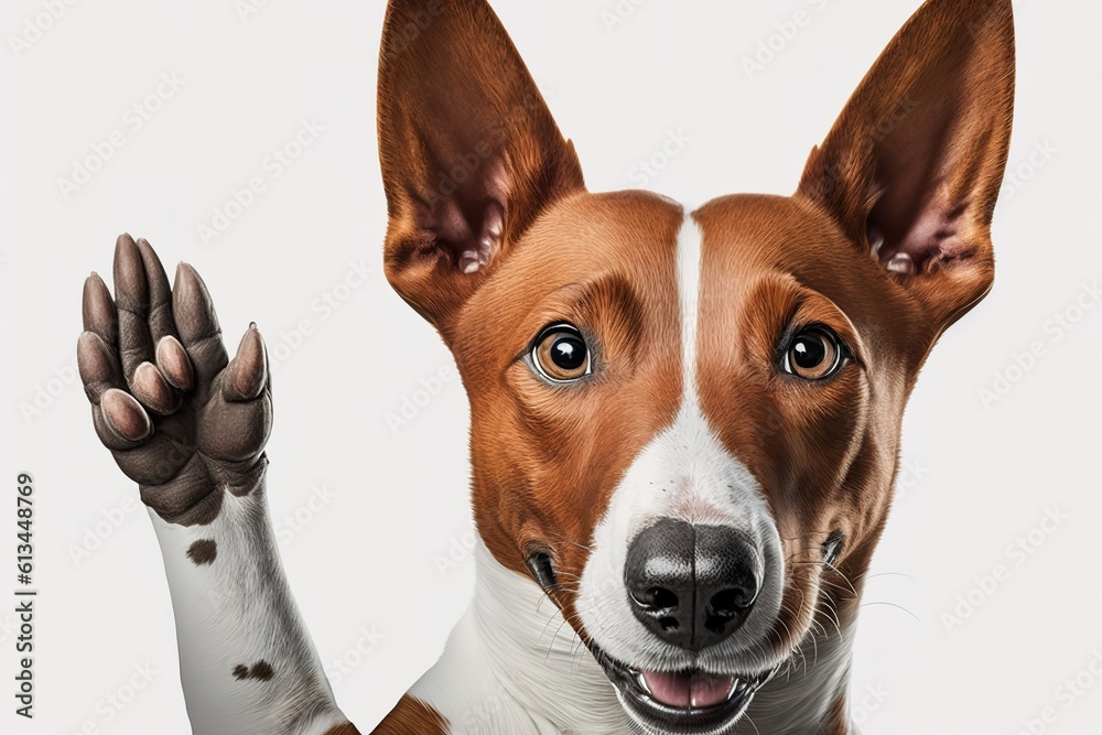 Friendly smart basenji dog giving his paw close up isolated on white, hyperrealism, photorealism, photorealistic