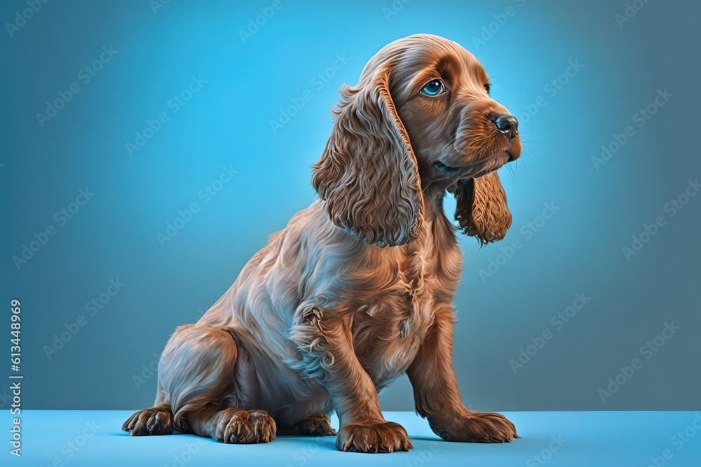 Looking so sweet and full of hope. English cocker spaniel young dog is posing. Cute playful braun doggy or pet is sitting isolated on blue background. Concept of motion, action, movement