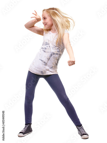 Lets party. Dancing, happy and a fun girl child on isolated, transparent and png background. Children, energy and young female kid or teenager dance for party celebration, trendy or casual fashion.