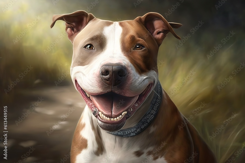 A happy brown and white Pit Bull Terrier mixed breed dog with a huge smile, hyperrealism, photorealism, photorealistic