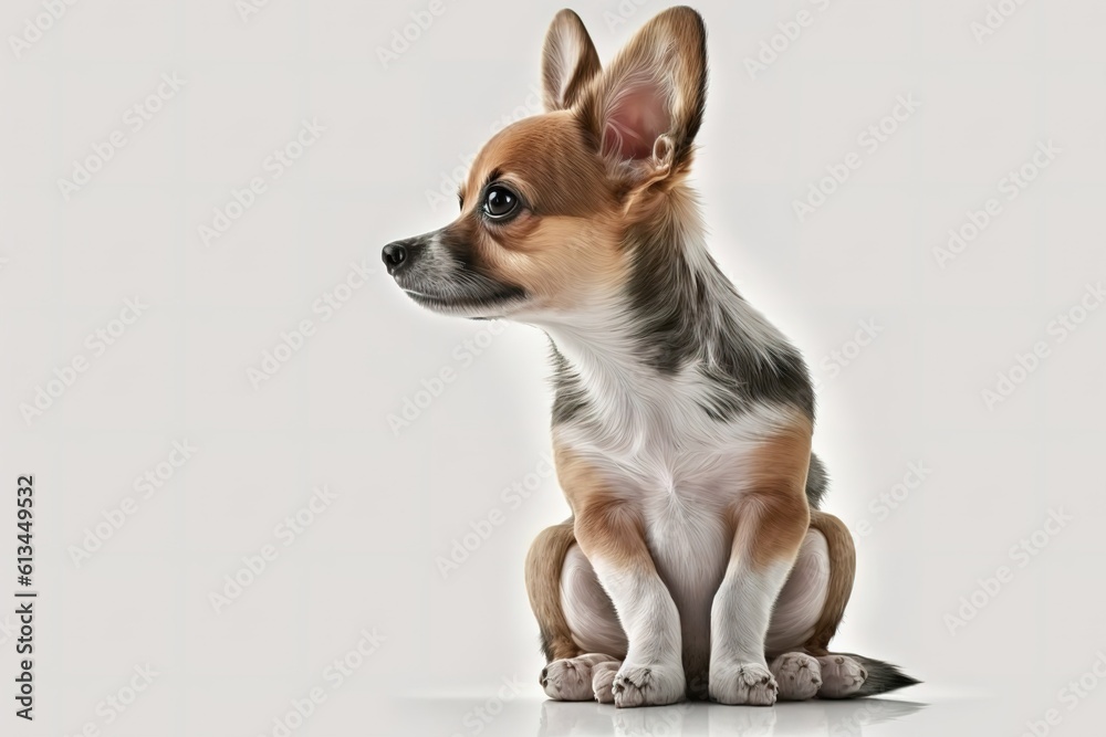 Adorable curious dog sitting on white background. Pet theme. Funny pup, hyperrealism, photorealism, photorealistic