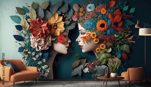 Fototapeta Naklejka Na Ścianę i Meble -  3d colorful flowers wall decor 4k wallpaper, 3D wallpaper for home interior classic decorations background Flowers Classic illustration