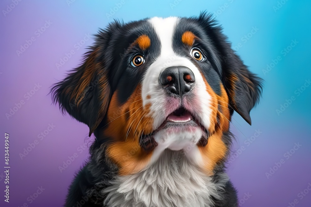 Funny Bernese mountain dog on color background, hyperrealism, photorealism, photorealistic
