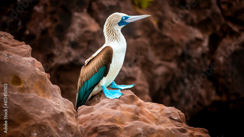 Blue footed booby (Sula nebouxii) sitting on a rock. Generative AI.