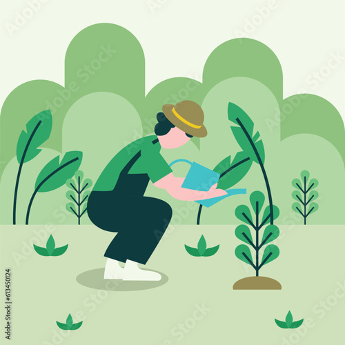 Modern Farmer Take Care of Plant Illustration