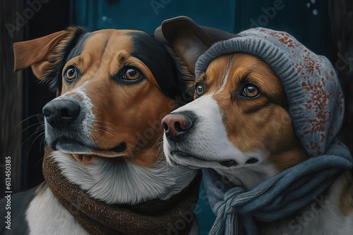 Two dogs in a scarf and hat posing outdoors, hyperrealism, photorealism, photorealistic