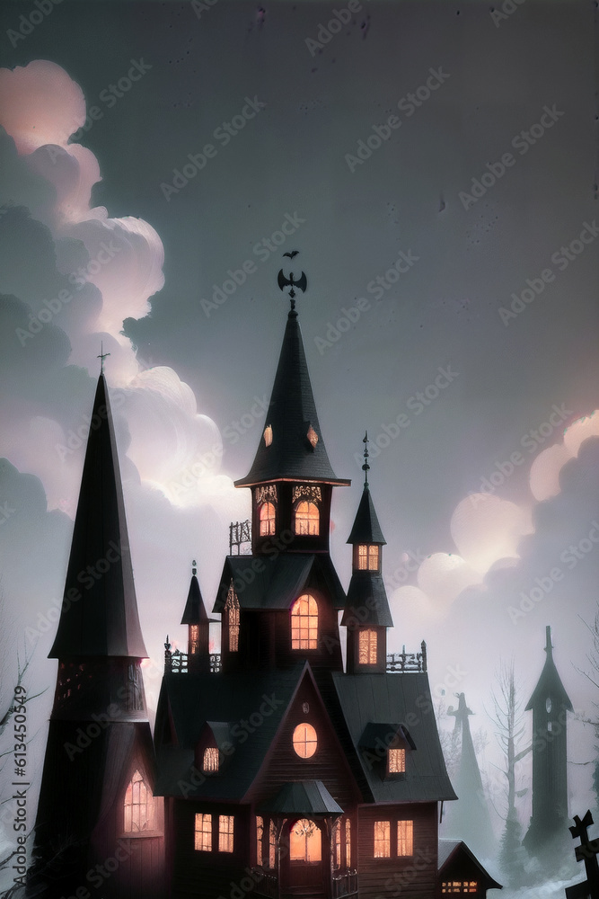 Happy Halloween. Halloween card background, cemetery, skeleton, castle, grave, fear and horror. Generative AI