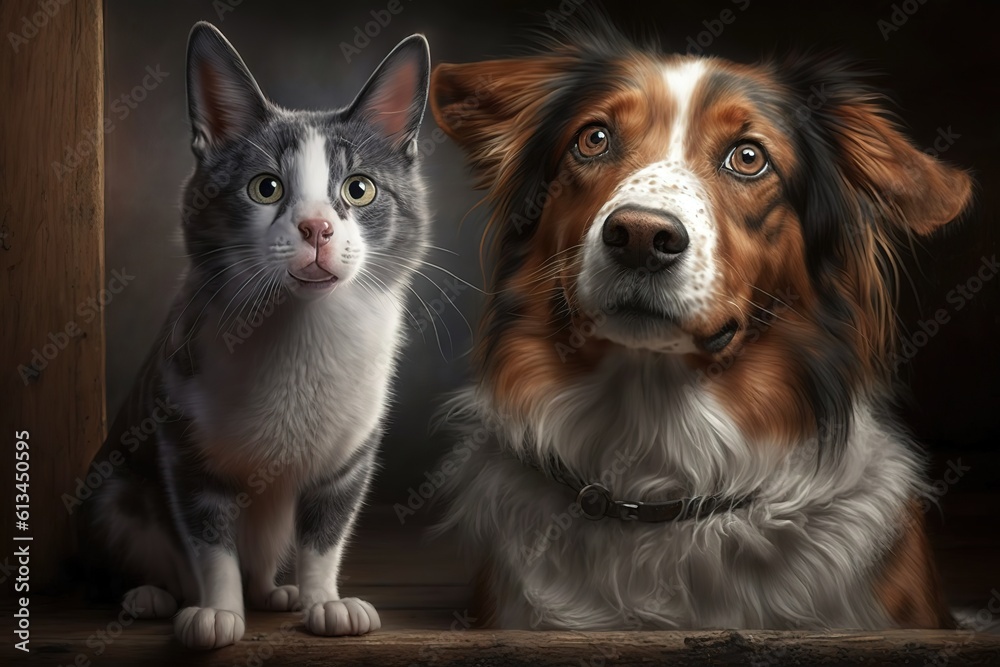 Dog and cat together, hyperrealism, photorealism, photorealistic