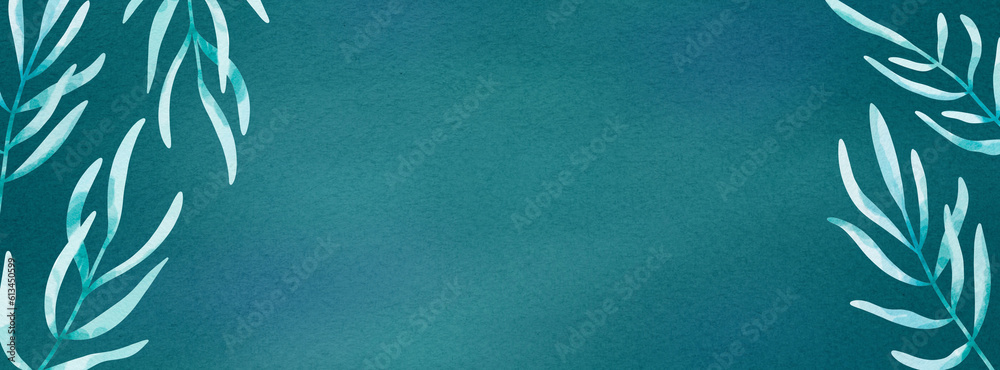 Banner with leaves on the watercolor dark green backdrop. Template for ad Banner with leaves on the watercolor dark green backdrop. Template for ad
