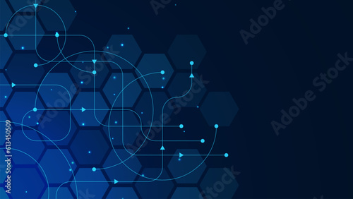 Abstract point and circle lines connection with hexagon shapes. Big data visualization, social networking, communication technology background design.