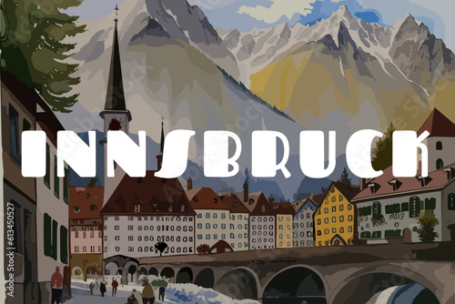 Innsbruck: Beautiful painting of an Austrian village with the name Innsbruck in Tirol