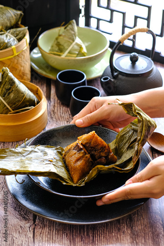 zong zi, bakcang made from glutinous rice filled meat and others, wrapped bamboo leaf
