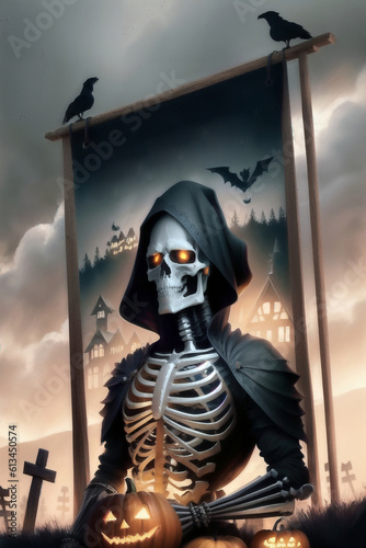 Happy Halloween. Halloween card background, cemetery, skeleton, castle, grave, fear and horror. Generative AI