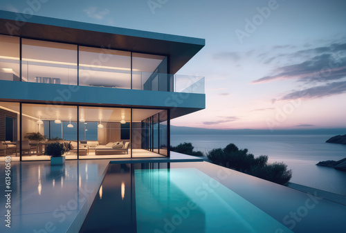 a modern pool and outdoor living space along the edge of the ocean  generative AI