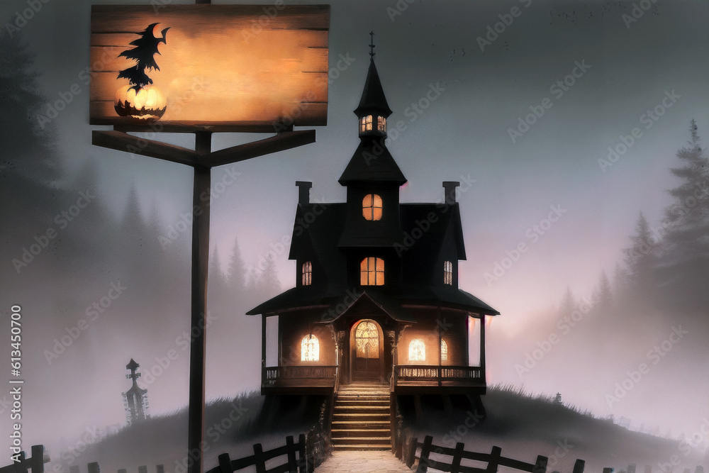 Happy Halloween. Halloween card background, cemetery, skeleton, castle, grave, fear and horror. Generative AI