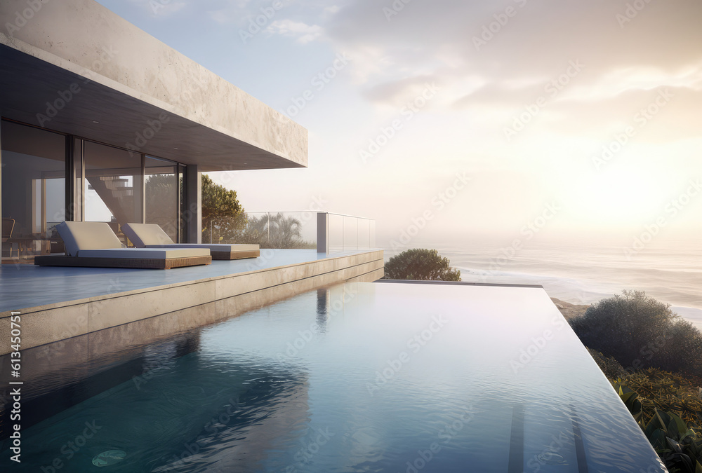 a modern pool and outdoor living space along the edge of the ocean, generative AI