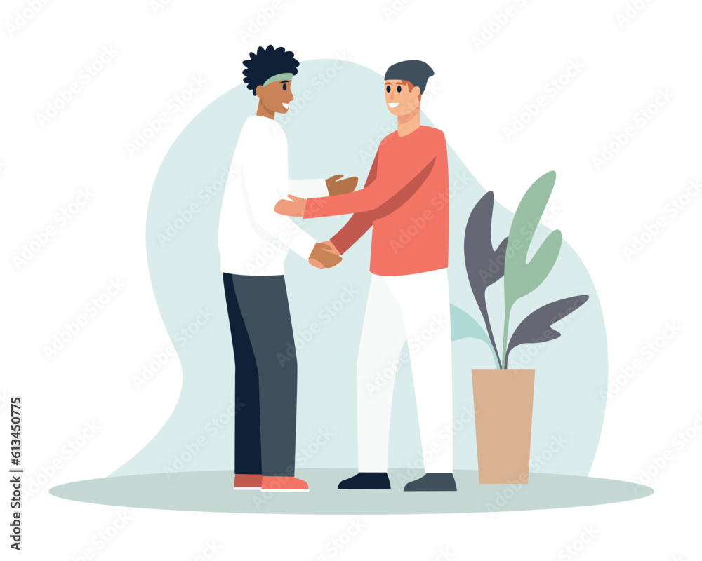 Different smiling men feeling happy when meeting. Friends spending time together. Human communication and behavior. Bonding relationships between people. Vector