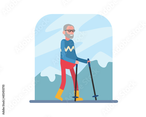 Smiling cartoon elderly man does nordic walking with sticks. Senior men having active lifestyle. Going to work. Cartoon characters of people on retirement. Happy old age. Vector