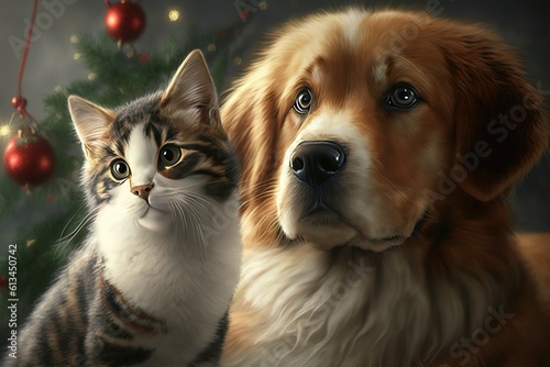 Cat and dog together on the christmas background, hyperrealism, photorealism, photorealistic © DynamicShutterArt