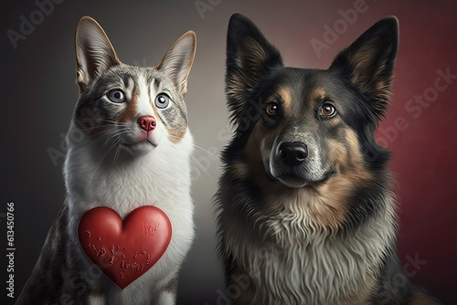 Cat and dog with red hearts.   hyperrealism  photorealism  photorealistic