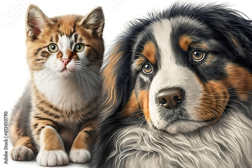 Cute dog and cat together on white background, hyperrealism, photorealism, photorealistic