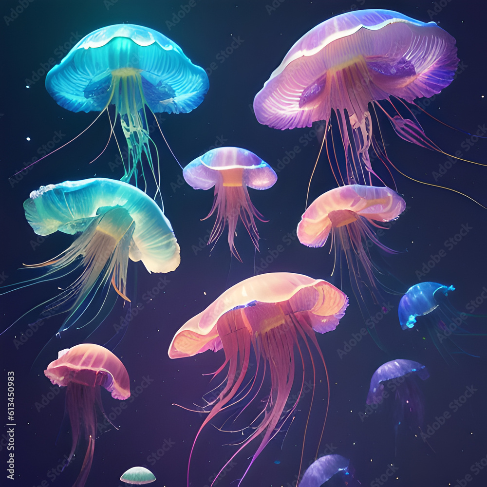 Fototapeta premium Jellyfish under water, bright abstract purple blue color, photorealistic illustration, Generative AI