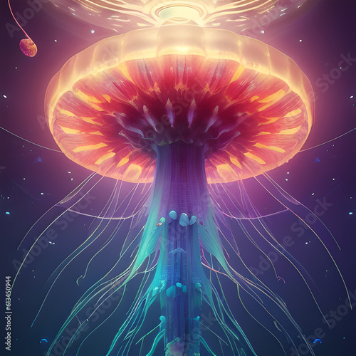 Jellyfish under water, bright abstract purple blue color, photorealistic illustration, Generative AI