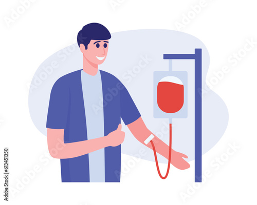 Cartoon smiling guy giving blood. People donating blood in hospital. Process of dealing with plasma donation in modern clinic. Charity and healthcare. Vector