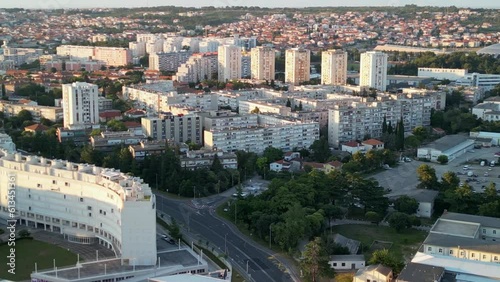 Urban architecture an aerial wide view Zadar, Croatia with panoramic view to sunset over marina and old town. photo