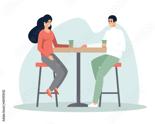 Cartoon brunet couple discussing life over cup of coffee. Young people having conversation in modern restaurants. Friends meeting in cafe and spending time together. Vector © ANDRII