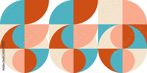 Geometric abstract vector seamless pattern with circles, rectangles and squares in retro Bauhaus style. Pastel colored simple shapes graphic background.