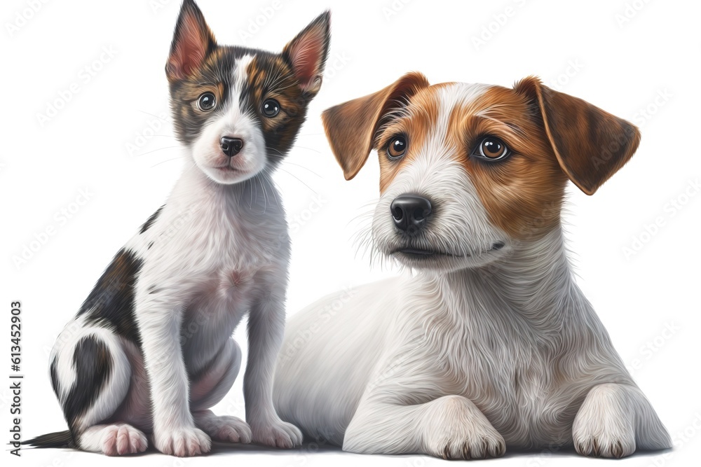 Cute dog Jack Russell Terrier and kitten Scottish Straight side view isolated on white background, hyperrealism, photorealism, photorealistic