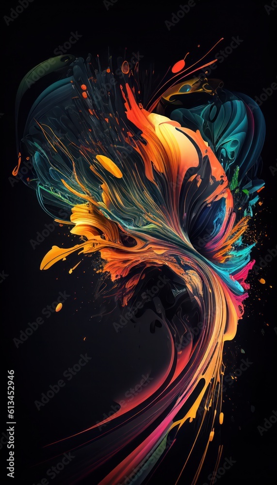 Abstract orange paint explosion background, colorful brushes strokes and splashes