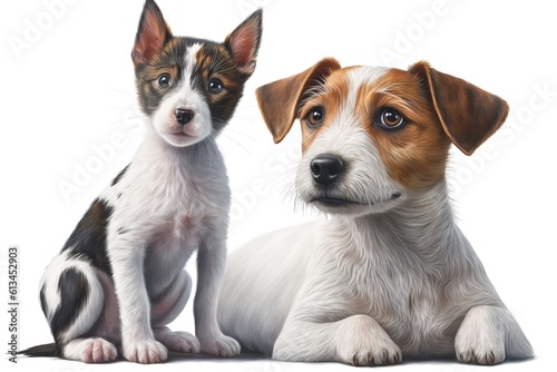 Cute dog Jack Russell Terrier and kitten Scottish Straight side view isolated on white background  hyperrealism  photorealism  photorealistic