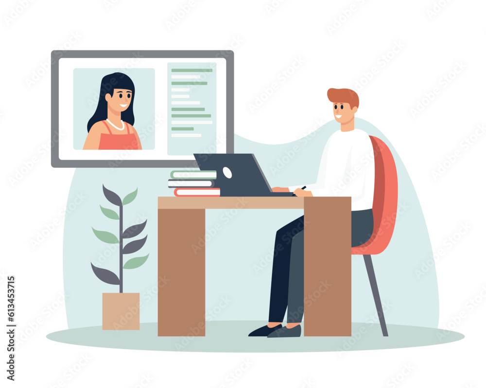 Smiling characters communicating online. Video calls in business. Remote job and freelancers. Collective virtual meeting with coworkers. Teamwork during quarantine. Vector Smiling characters communicating online. Video calls in business. Remote job and freelancers. Collective virtual meeting with coworkers. Teamwork during quarantine. Vector