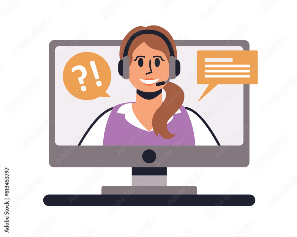 Cartoon positive woman in headsets working as call center operator from monitor. Online technical support representatives. Hotline operator helping clients. Vector Cartoon positive woman in headsets working as call center operator from monitor. Online technical support representatives. Hotline operator helping clients. Vector