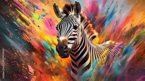 Zebra among explosions of multi colored paint. Multicolored fluid. AI Generative.