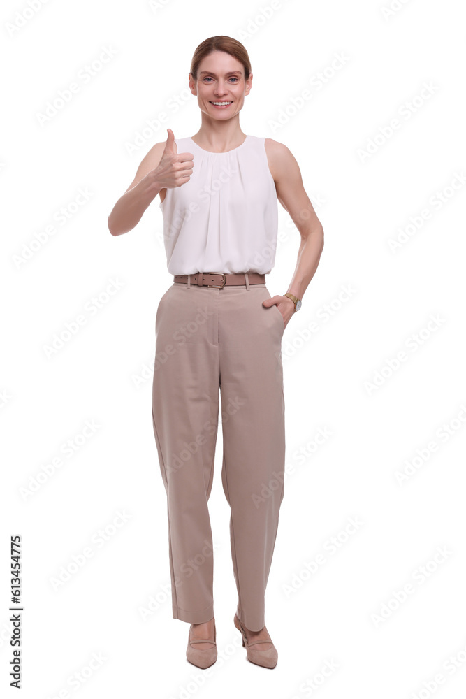 Beautiful happy businesswoman showing thumb up on white background Beautiful happy businesswoman showing thumb up on white background