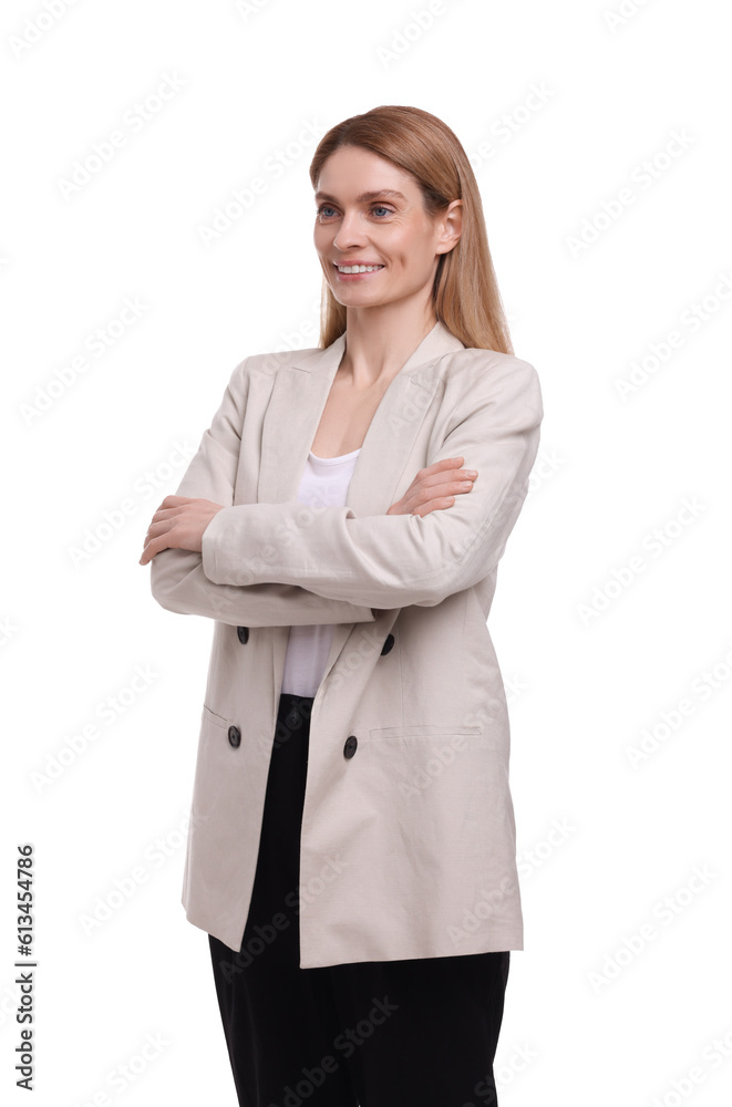 Beautiful happy businesswoman crossing arms on white background Beautiful happy businesswoman crossing arms on white background
