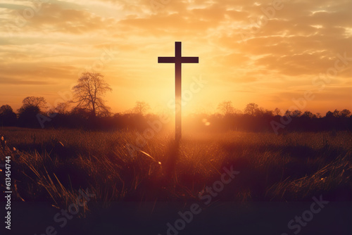 Silhouette christian cross on grass in sunrise background photo