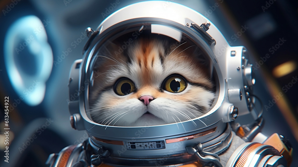 Cat in outer space. Space cat on blue cosmos and stars background. Generative AI