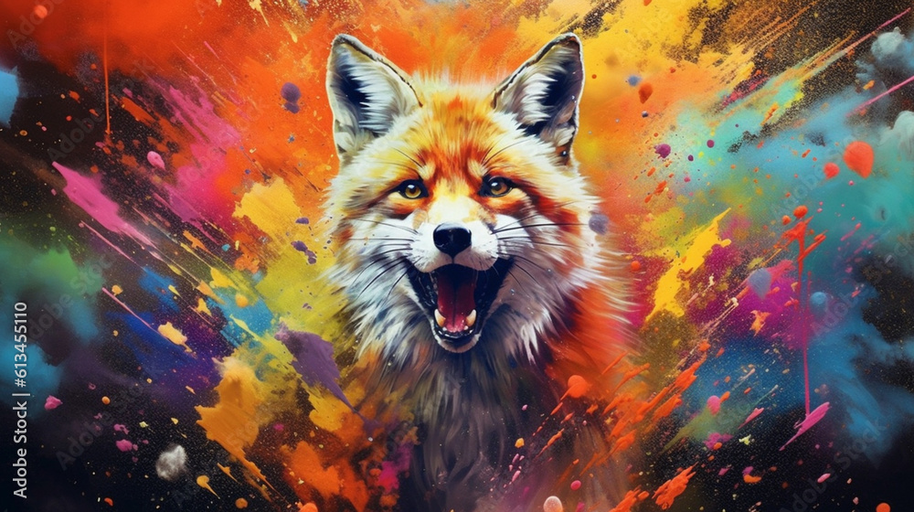 Fox among explosions of multi colored paint. Multicolored fluid. AI Generative.
