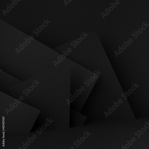 Modern dark black stage mockup with abstract geometric pattern of corners, edges and triangles as relief for presentation cosmetic products, goods, advertising, design in urban graphic style, square.