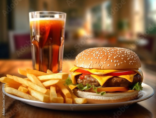 Hamburger and pommes with coke, photorealistic, blurry background,Generative AI