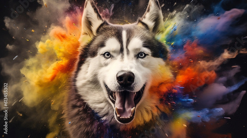 Husky among explosions of multi colored paint. Multicolored fluid. AI Generative. 