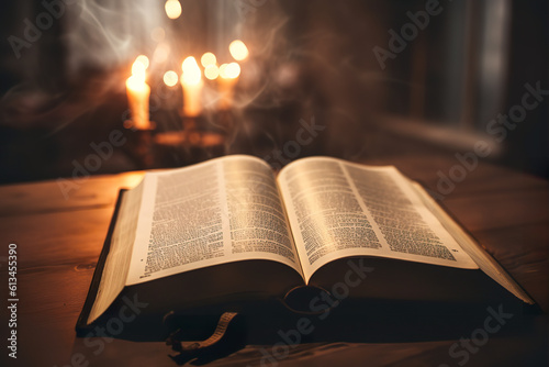 open bible on the table in the room against the background of the fireplace