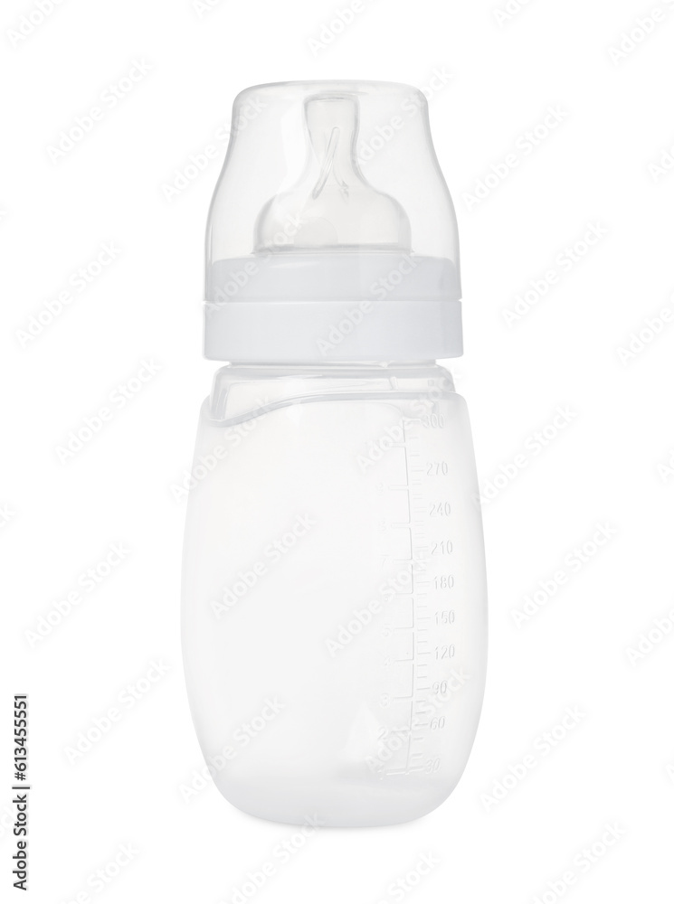 One empty feeding bottle for baby milk isolated on white