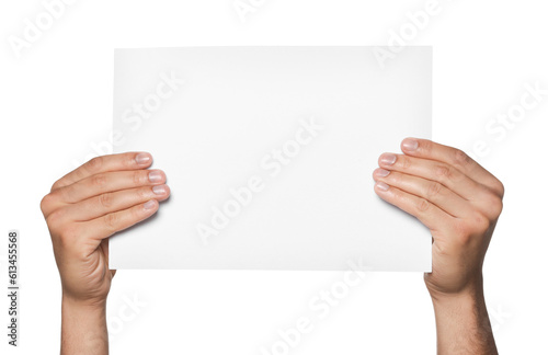 Man holding sheet of paper on white background, closeup. Mockup for design