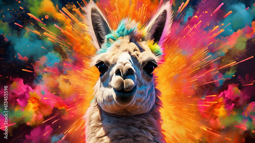 Lama among explosions of multi colored paint. Multicolored fluid. AI Generative.  © EltaMax99
